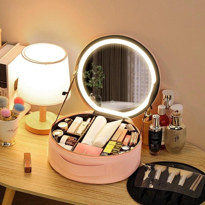Round Smart LED Makeup Bag - Mirror Lights Travel Organizer