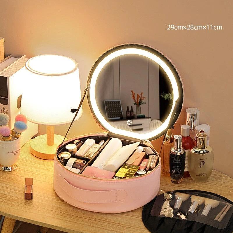 Round Smart LED Makeup Bag - Mirror Lights Travel Organizer