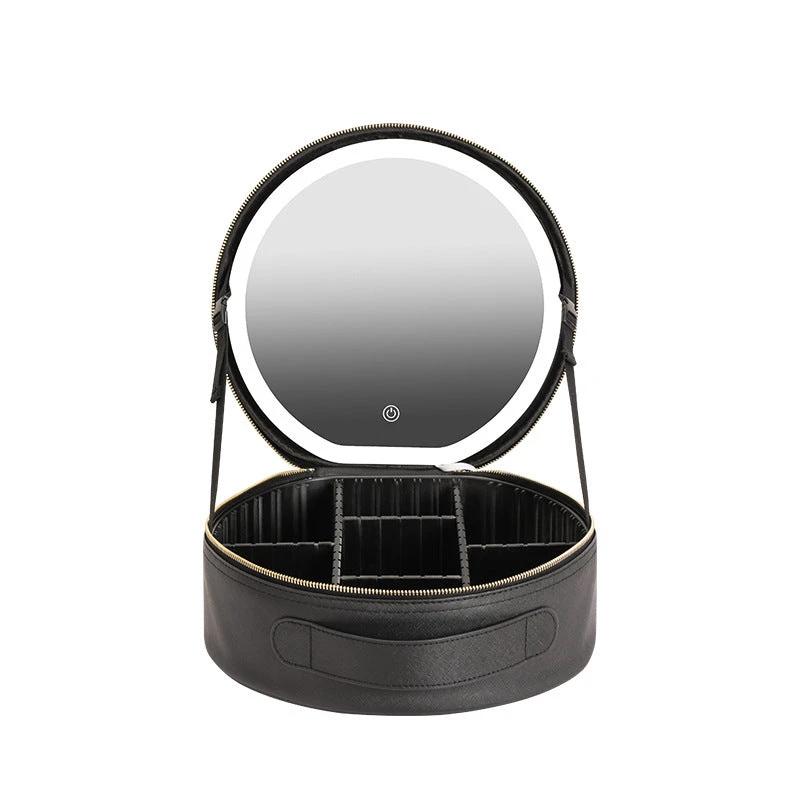 Round Smart LED Makeup Bag - Mirror Lights Travel Organizer